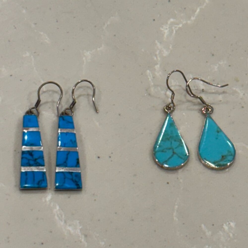 Two Pair Turquoise Earrings in Silver from Mexico